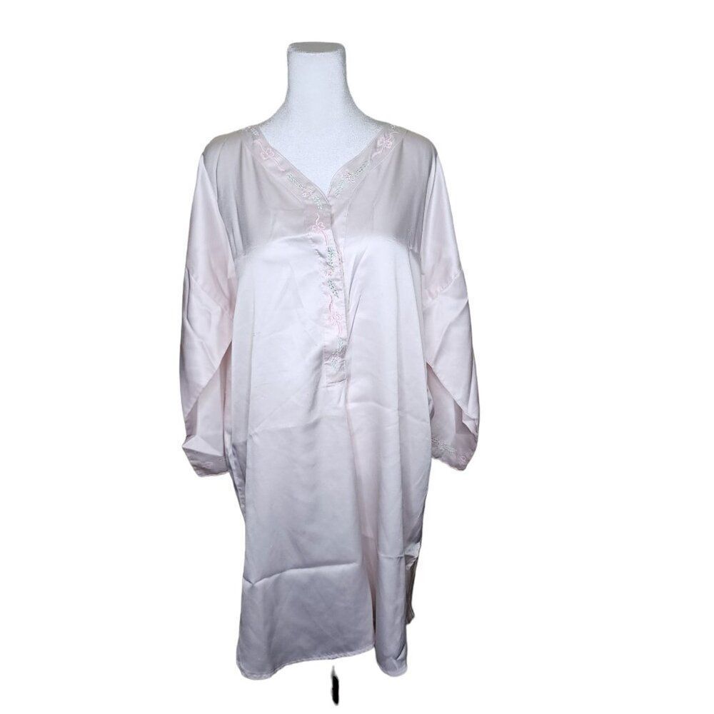 Vintage 80s Satin Long Sleeve Floral Sleepshirt Womens Size 2XL Pink